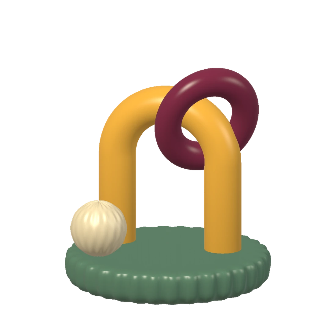 A saffron arch, burgundy ring and porcelain sphere on a fluted jade base. A website study.